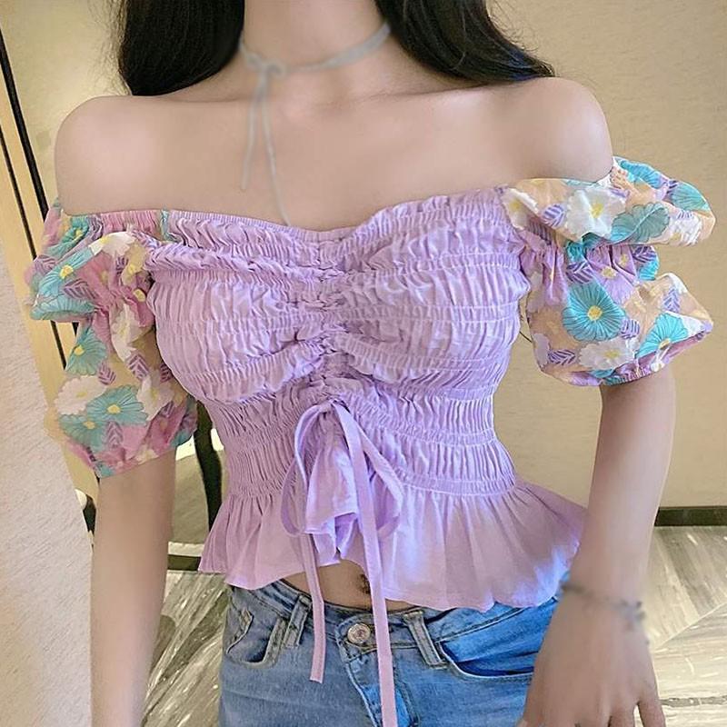 

Summer Blouses Plus Size Drawstring Short V-Neck Floral Patchwork Women Blouses Two-wear Puff Sleeve Shirt