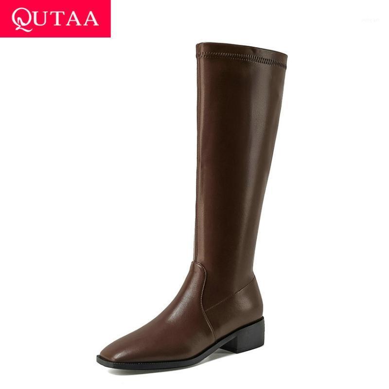 

QUTAA 2021 Knee High Women Boots Square Toe PU Leather Long Boots Square High Heel Zipper Women Shoes Big Size 34-431, Black