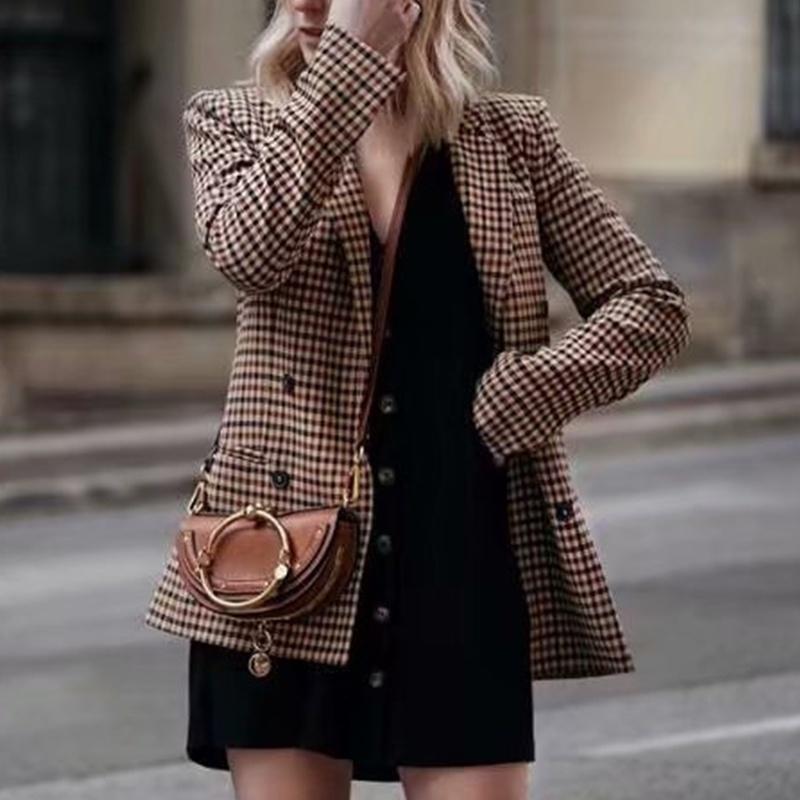 

Fashion Women Blazer Plaid Slim Cardigan Suit Femme Commuter Double Breasted Long Sleeve Coat Jacket Blazer