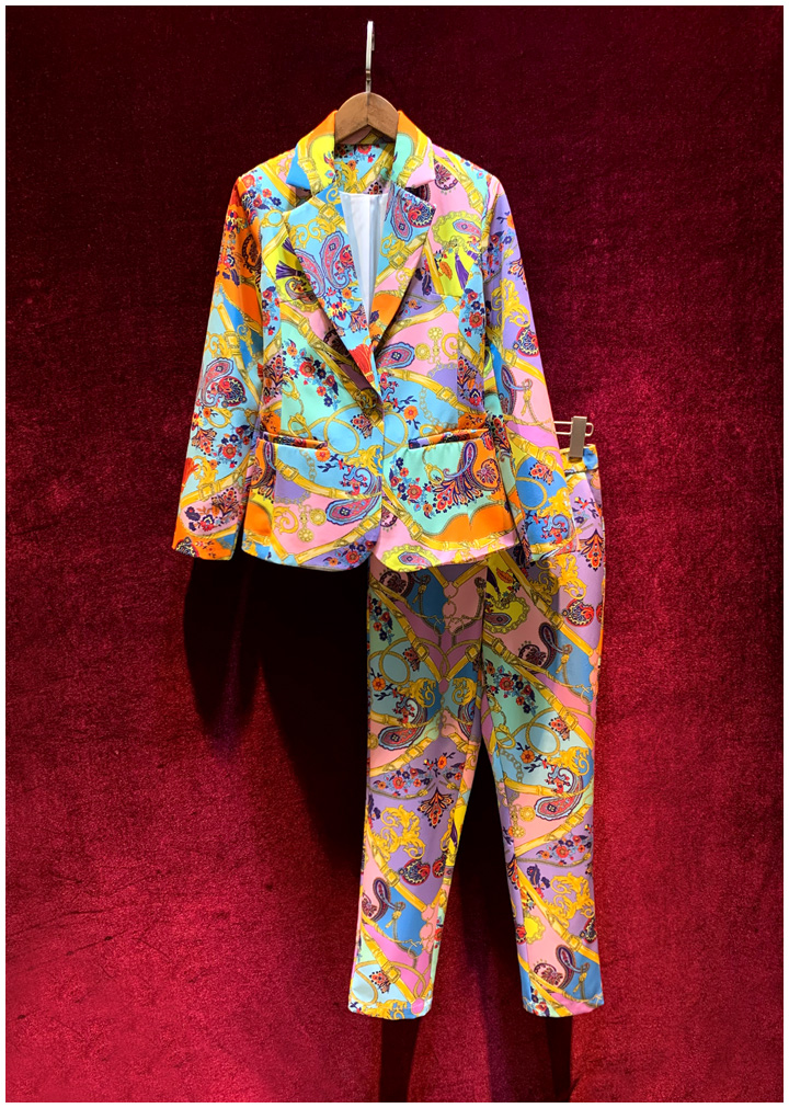 

European and American women's clothing new 2021 spring Long sleeves cartoon print coat Nine minutes of pants Fashion suits, Multi
