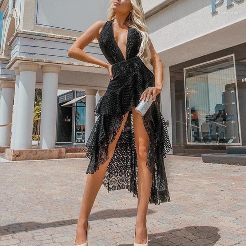 

gothic dress Women Sexy V-Neck Halter Backless Dress Sleeveless Lace Party Evening Midi sukienka #1, Black