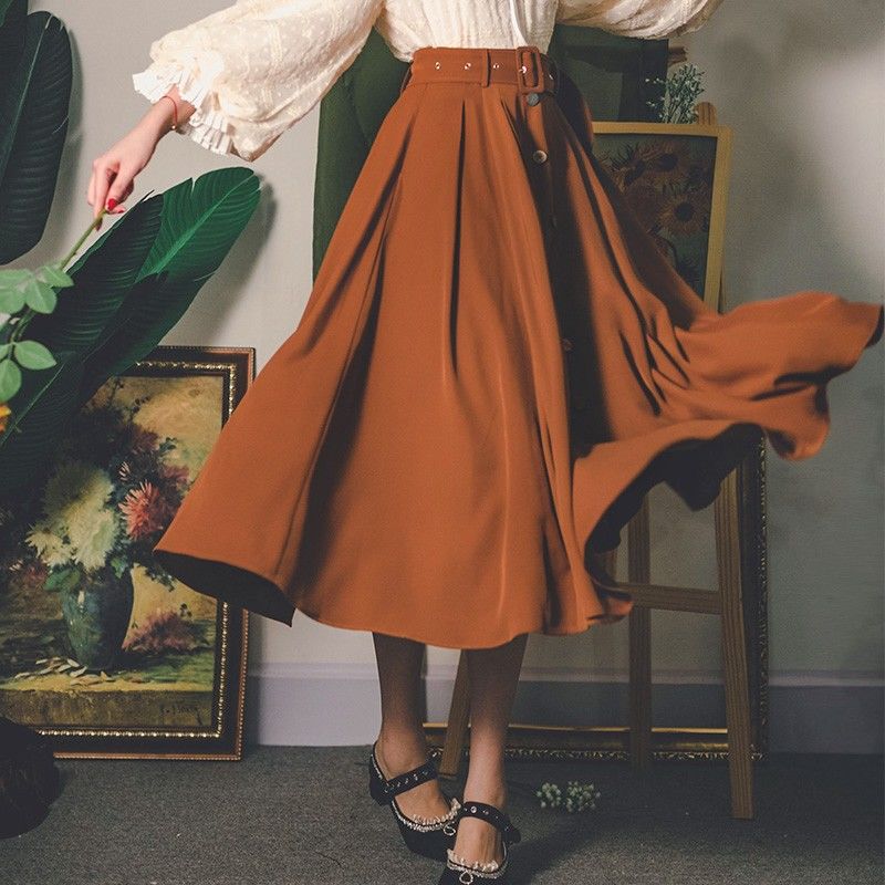 

A-line Skirts Spring Autumn Mid-Calf High Waist Draped Solid British Style Elegant Vintage Romantic Button Sash Female Faldas, Black