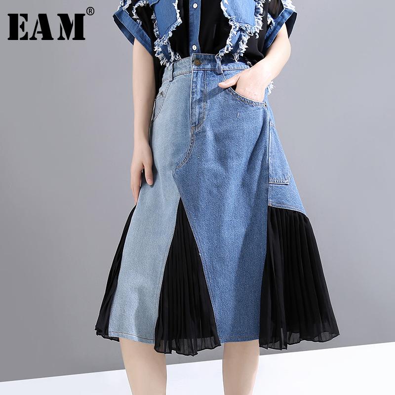 

EAM] High Elastic Waist Blue Denim Leated Stitch Irregular Half-body Skirt Women Fashion Tide New Spring Autumn 2021 1X030