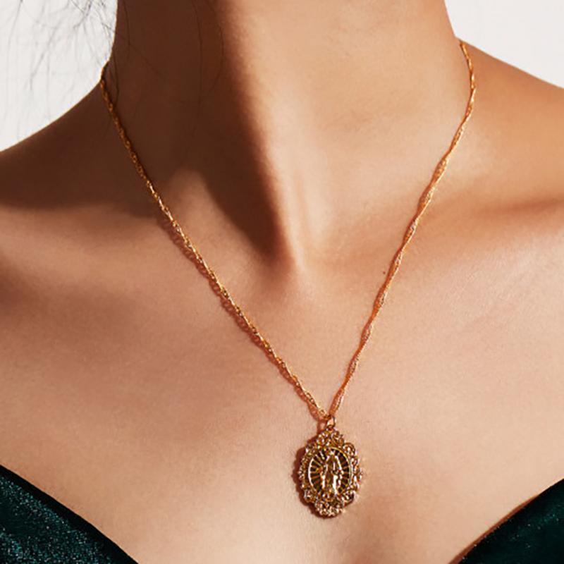 

SRCOI Virgin Mary Medallion Coin Necklace Pendant For Women Minimalist Metal Gifts Figure Human Face Oval Long Layer Necklace