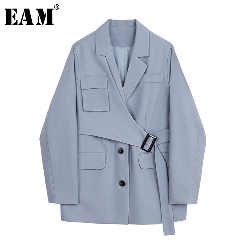 

[EAM] Women Blue Irregular Split JointBlazer New Lapel Long Sleeve Loose Fit Jacket Fashion Tide Spring Autumn 1Y836 201201