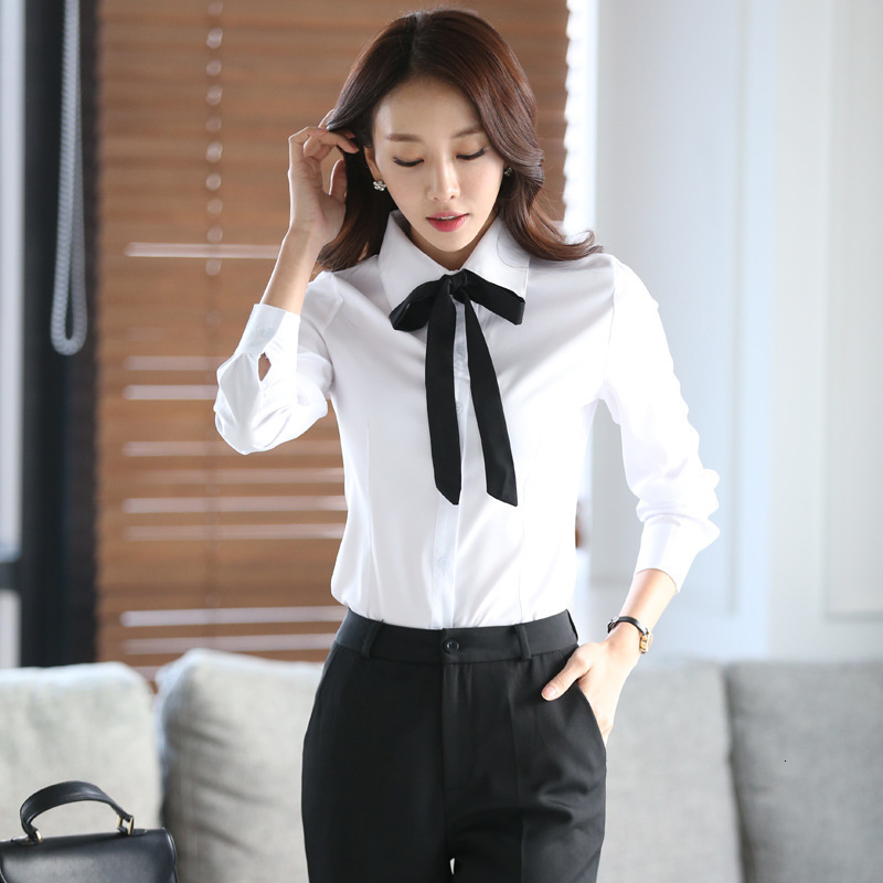 

2021 New Autumn White Female Sleeve Thin Work Plus Size Shirt Women' Office Fashion Blouses Bow Tops JPI5, White-bow.