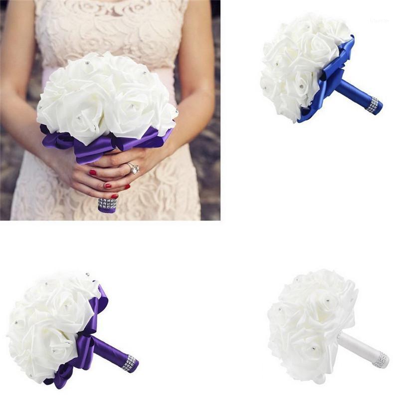 

Wedding Bouquet Crystal Pearl Silk Roses Bridal Bridesmaid Wedding Flower Hand Bouquet Artificial Fake Flowers Flores Decoration1, Purple