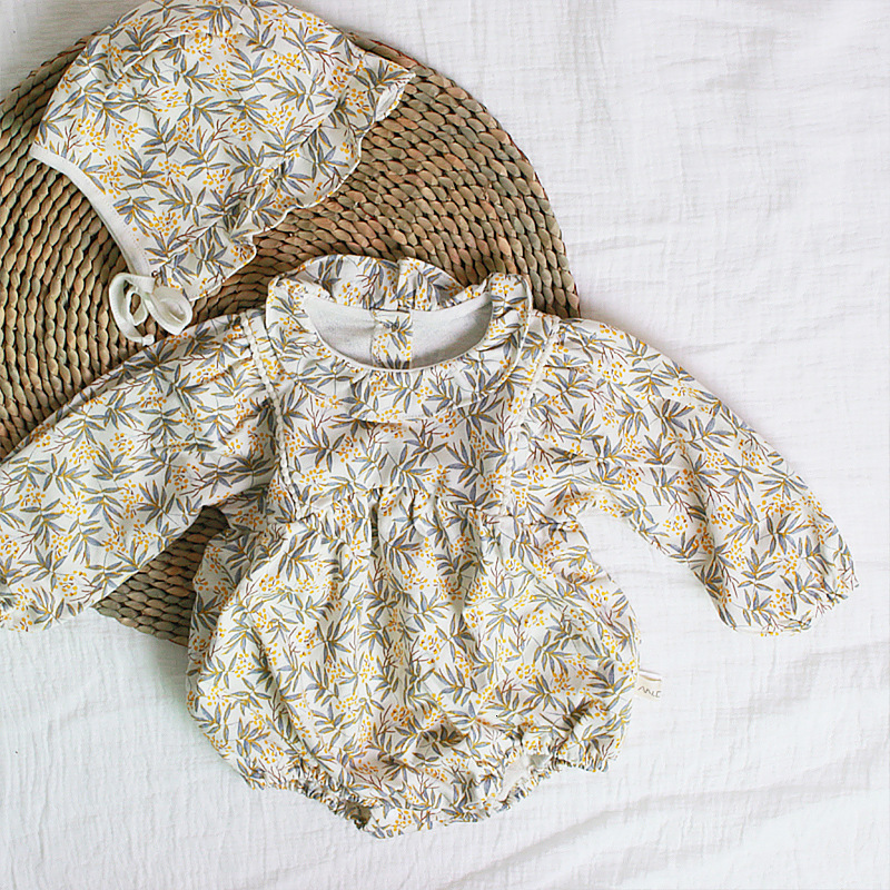 

2021 New Facejoyous 0-24m Autumn Cotton Toddler Kids Baby Girls Bodysuit Floral Print Ruffles Long Sleeve Jumpsuit with Hat 2pcs 0mt6