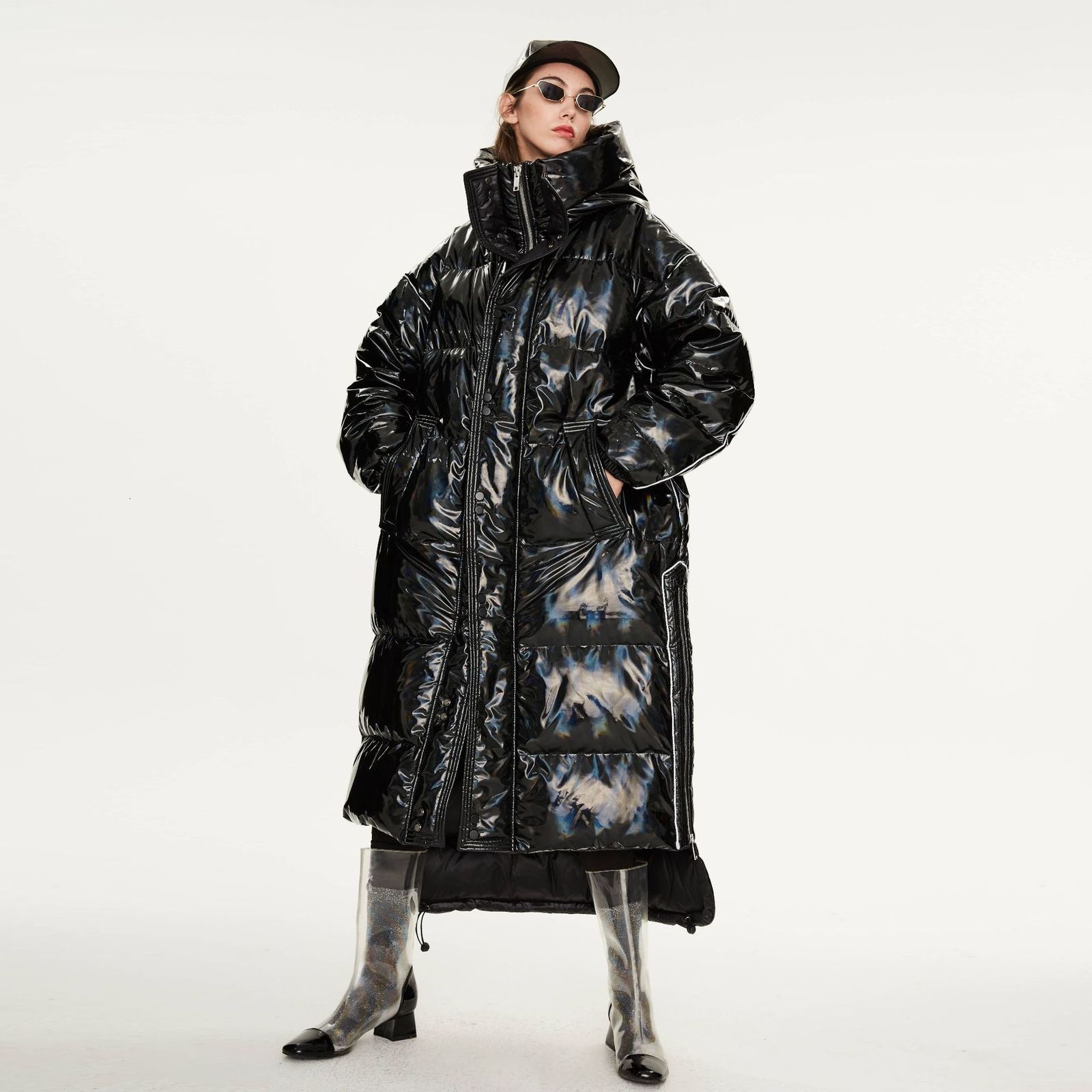 

2021 New Women Winter Thick Long Oversize Style White Duck Down Hooded Stand Collar Warm Coat Feminino Parkas P6ml, Black