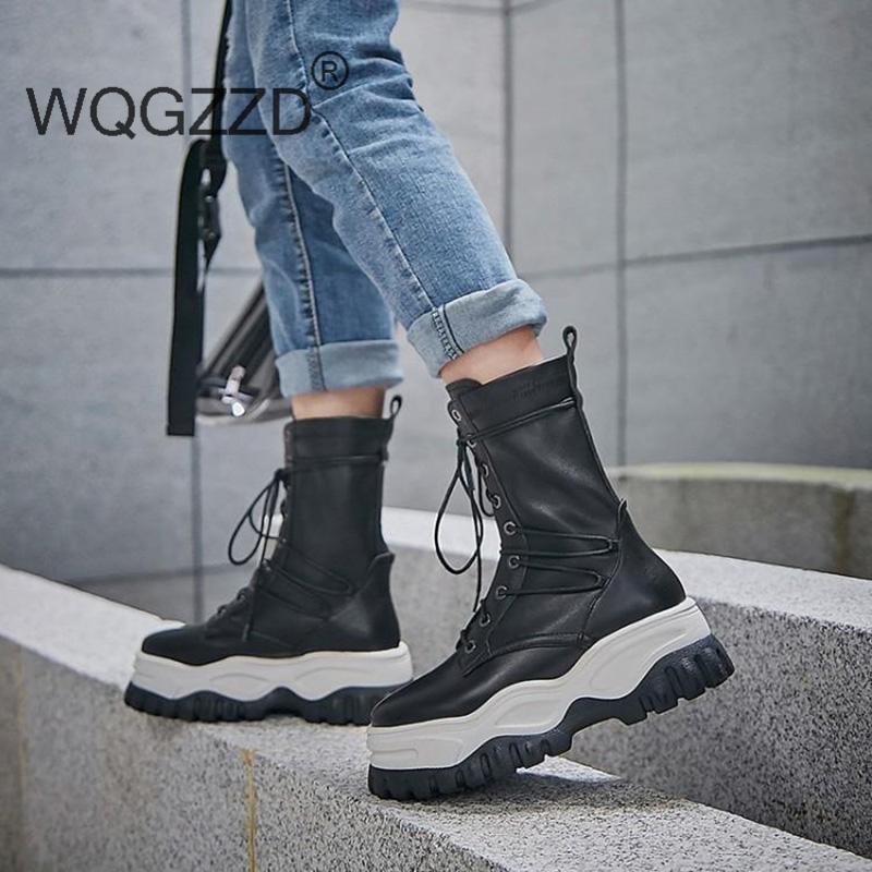 

new winter shoes women's boots cow leather keep warm thick bottom lace-up dating vintage mid-calf boots mujer, Black