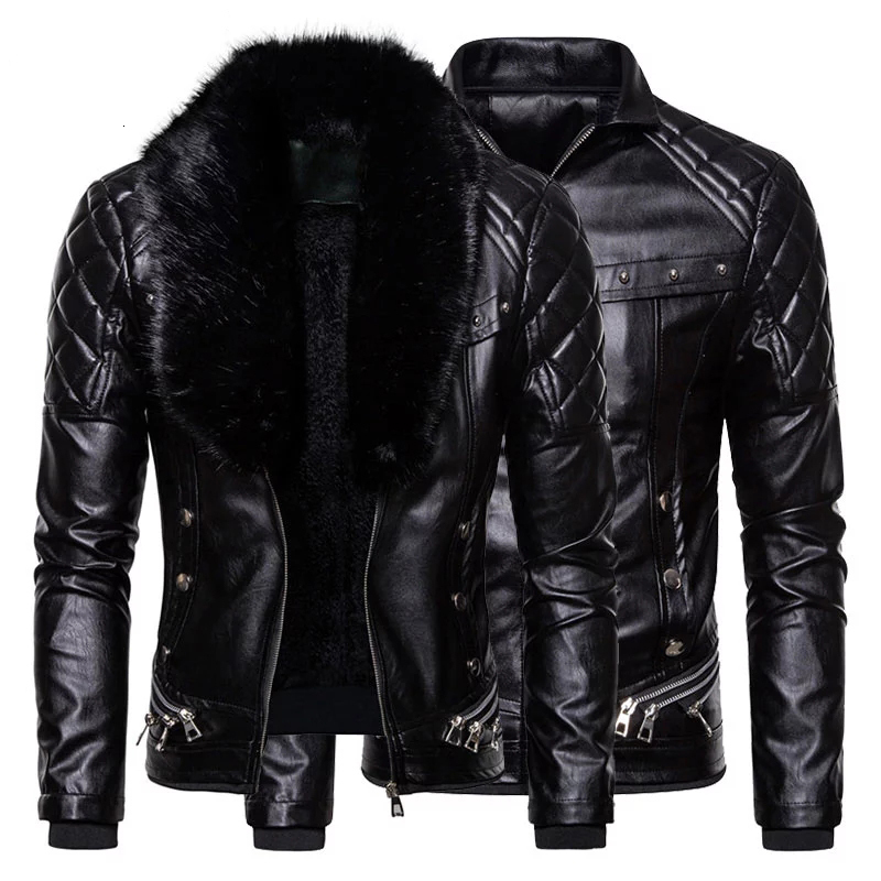 

2021 New Men' Biker Fur Collar Detachable Faux Leather Motocycle Jackets Coats Casual Pu Jacket Chaqueta Moto Hombre Veep, Red