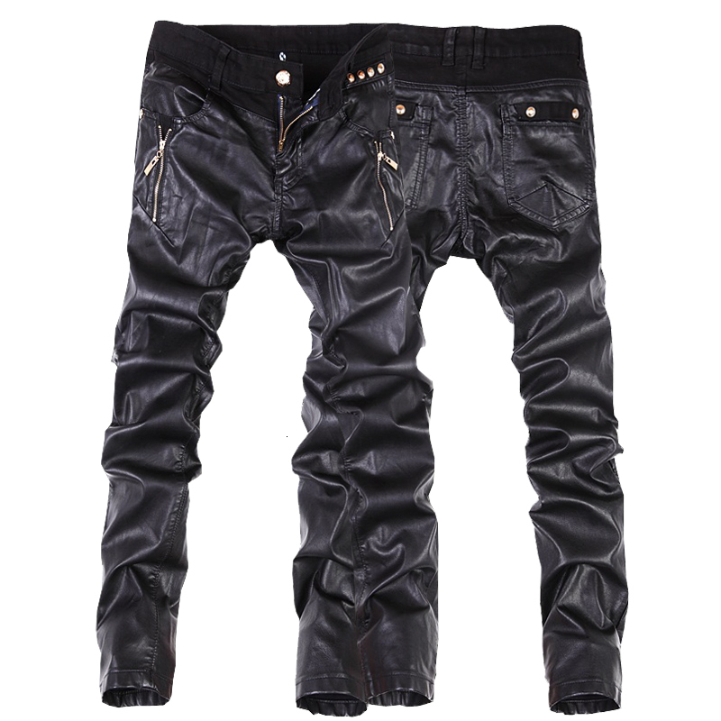 

2021 New Hot Sale Korean Slim Ny Spliced Leather Fashion Men's Black Zip Motorcycle Pants Trousers F2nq