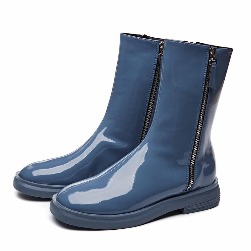 

new winter shoes women's motorcycles boots genuine leather round toe keep warm shoes women mid-calf boots, Black