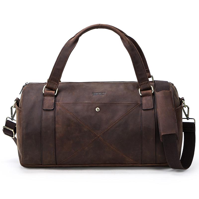 

Crazy Horse Genuine Leather Travel Bag Gift For Men Large Capacity Male Shoulder Bag Vintage Duffel Totes Handbag, Coffee