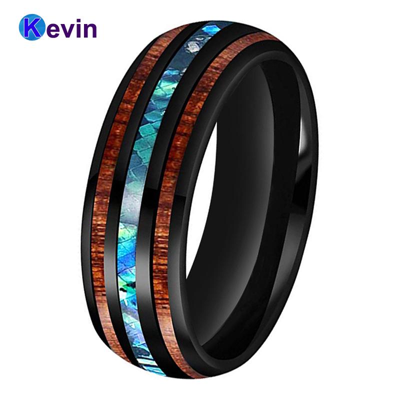 

Men Women Black Wedding Bands Tungsten Ring Abalone Shell and Koa Wood Inlay Domed Shape Polished Shiny Width 8MM Comfort Fit