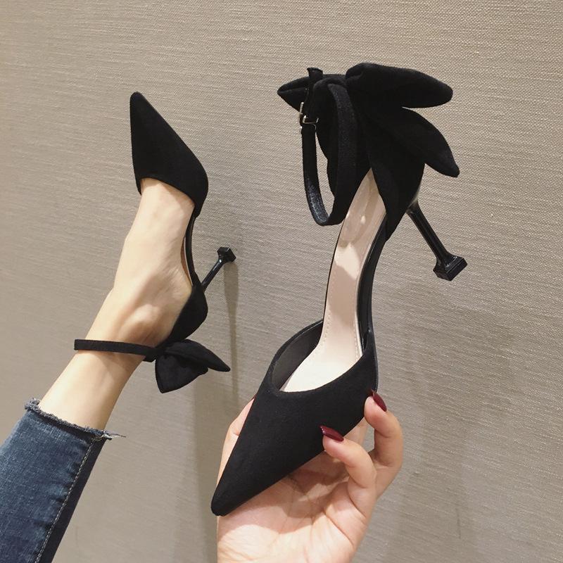 

FRENCH Style Lady's Fashion Single Shoes Pointed Shallow Back Bow Ankle Strap Kitten Heel Kid Suede Women Shoes, Black 6cm