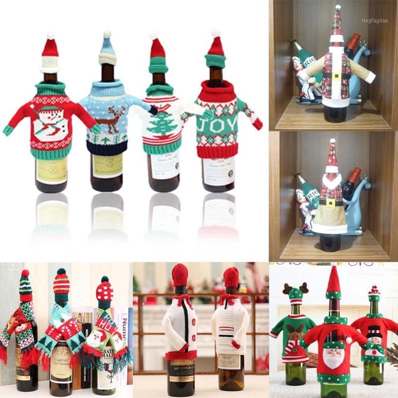 

one set Christmas Decorations Wine Bottle Sweater Cover Bag Santa Claus Knitting Hats for New Year Xmas Home Dinner Party Decor1