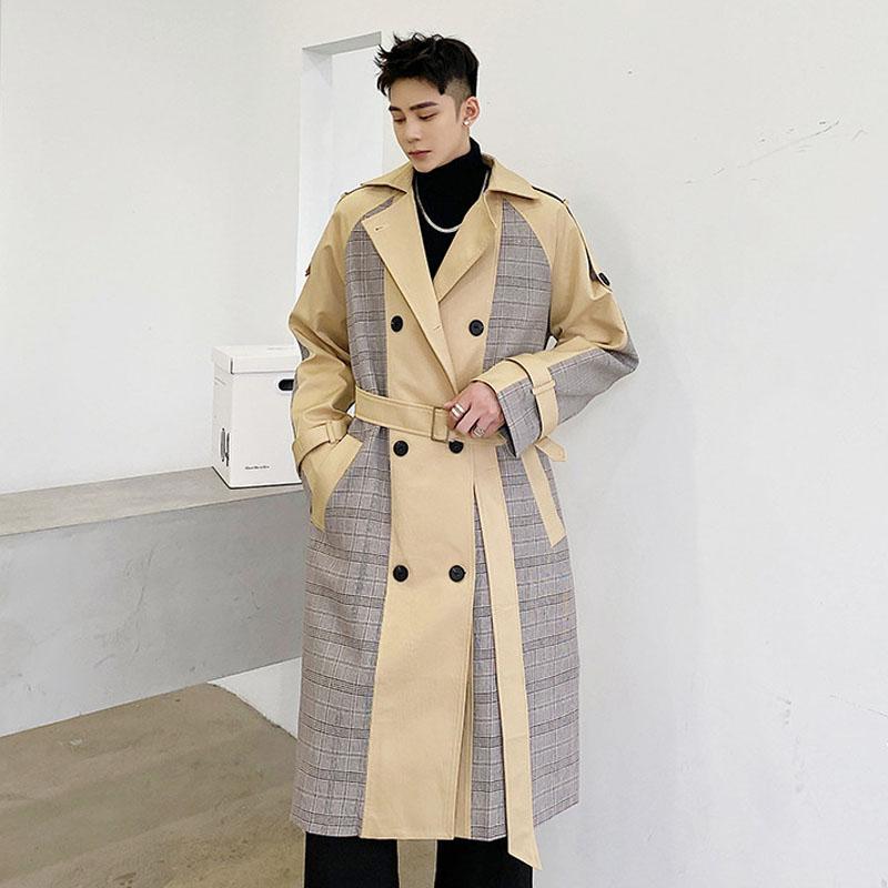 

Male Vintage Streetwear Jacket Overcoat Men Plaid Splice Business Casual Double Breasted Belt Loose Trench Coat Outerwear, K16 khaki