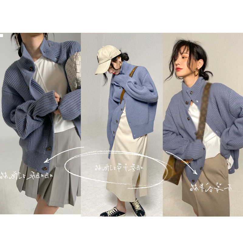 

High 2021 New Cardigan Neck Knitted Shirt Winter Kpop Style Woman Clothes 2plq HP7A, Beige