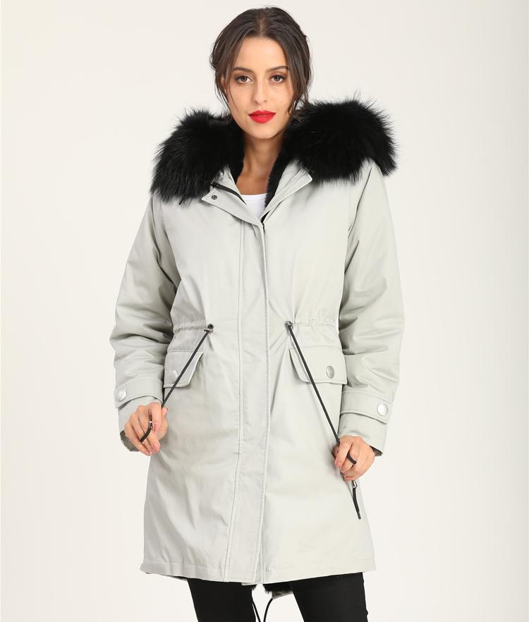 

Popular Style Light Grey Blazers Women Parka Black Faux Fur Lined Coat Ladies Long Style, As pic