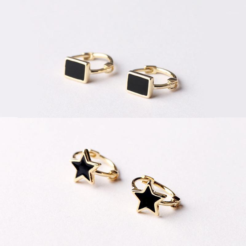 

925 Sterling Silver Black Star Square Small Golden Huggie Hoop Earrings A19821