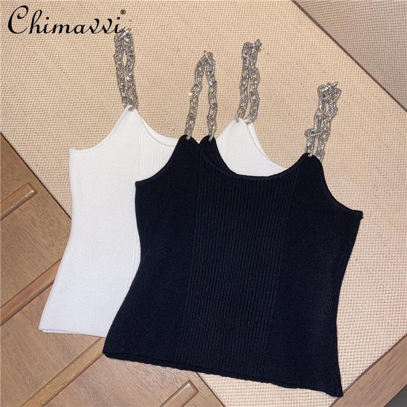 

2021 Autumn and Winter New Sexy Rhinestone Sling Tight-fitting Short Knitted Vest Sexy Tube Top Base Shirt Top Women, Black