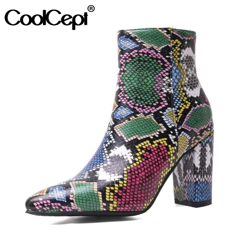 

CoolCept Size 32-43 Women Ankle Boots Fashion Serpentine Zipper High Heel Winter Shoes Woman Warm Sexy Party Lady Footwear, Green
