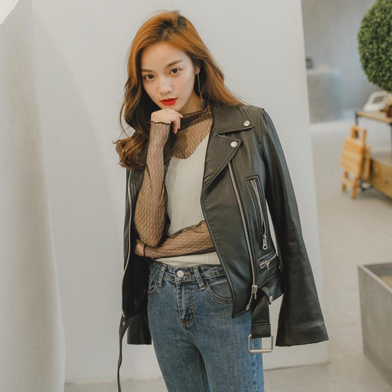 

Top Quality 2020 New Spring Autumn Women Pu Leather Jacket Woman Zipper Belt Short Female Long Sleeve Black Motorcycle Coat