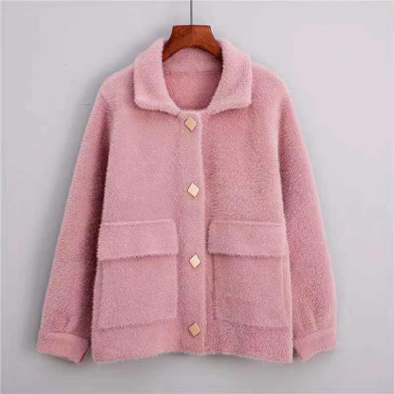 

2021 New new female fashion autumn cardigan jacket lapel solid color cashmere coat wool, Brown