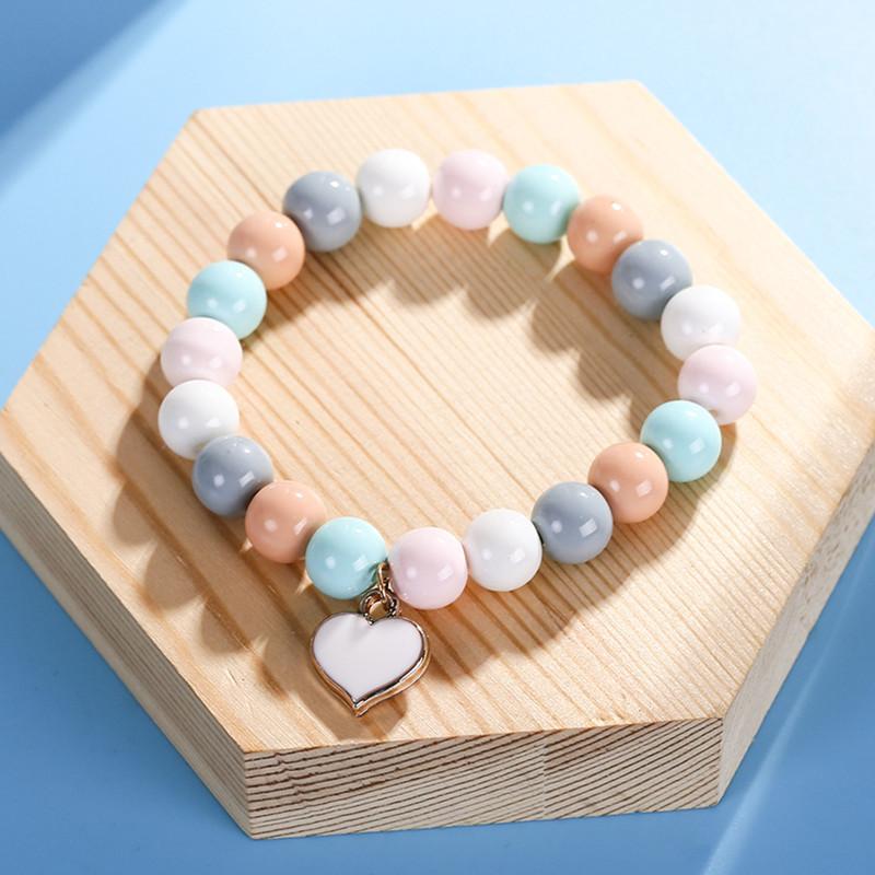 

IYOE 10mm Candy Color Acrylic Glass Beads Bracelets For Kids Women White Red Enamel Heart Pendant Friendship Bracelet Gift