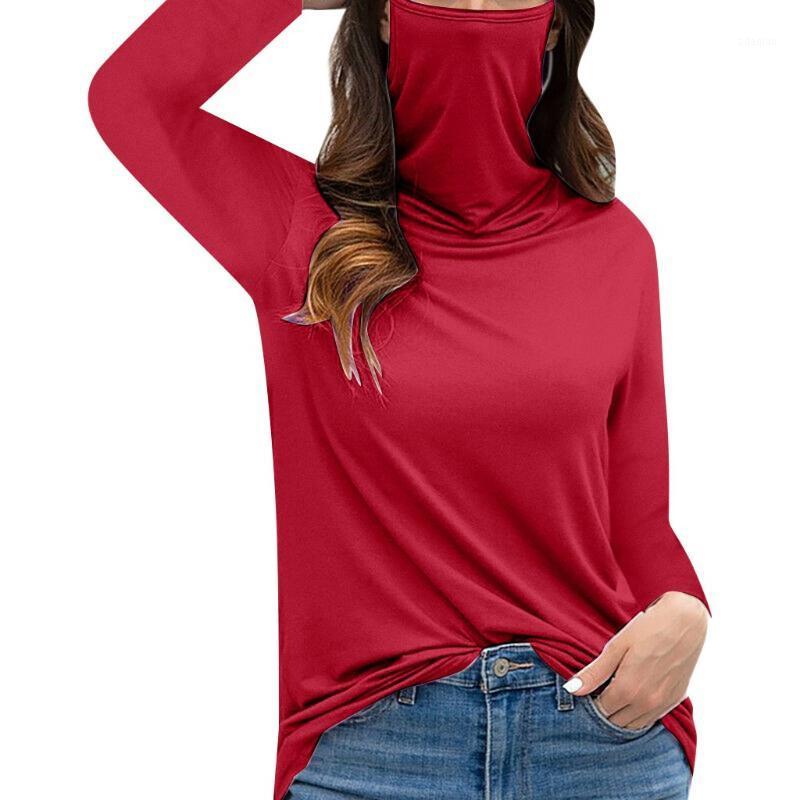 

Women' Turtleneck T-Shirt With Face Mascarillas Lady Casual Loose Long Sleeve Soild Faceshield Tops T-shirt Woman Clothing1, Blue