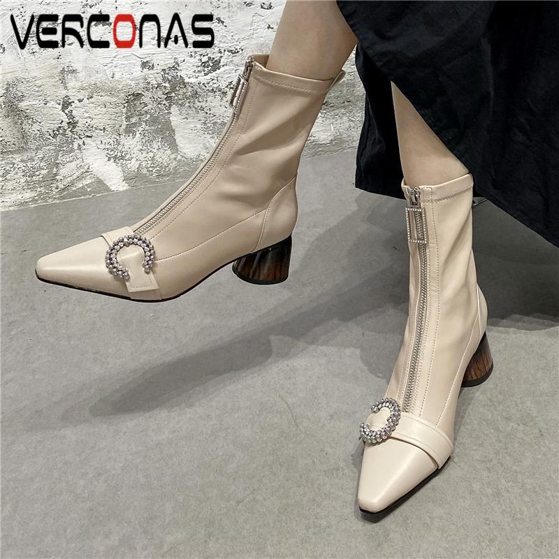 

VERCONAS Fashion Women Mid-Calf Boots Autumn Winter Pointed Toe Thick Heels Shoes Woman Metal Buckle Front Zipper Basic Boots, Xingd