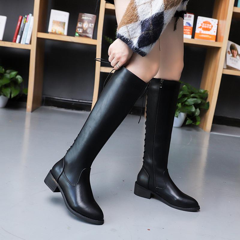 

Fashion Cross-tie Low Heels Long Boots Women Autumn Winter 2020 PU Leather Knee High Boots Woman Black Brown Botines
