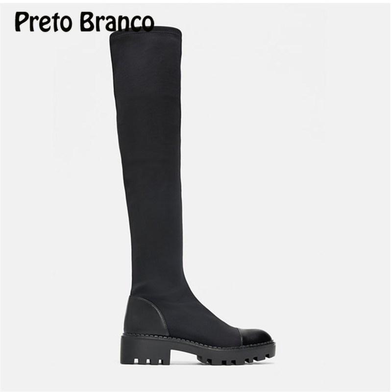

2021 Women's Shoes Autumn Spring New Style Knee High Boots Thick Bottom Elastic Boots Round Toe Warm Waterproof FCH, Black thin