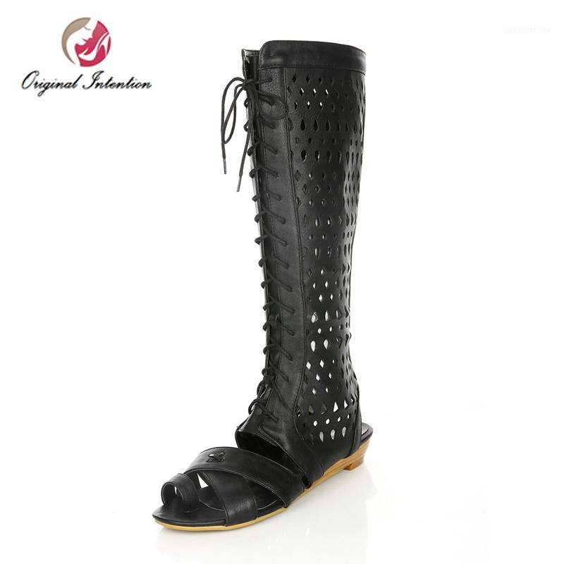 

Original Intention Fashion Women Summer Mid-calf Boots Flat Low Heels Open ToeSandal Boot Black Cross-tied Shoes Woman Big Size1, Oi0524 black