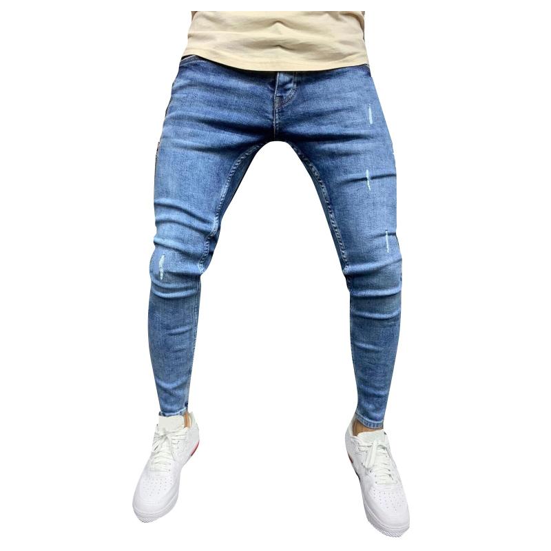 

2021 Men Ripped Skinny Jeans High Quality Black Patchwork Biker Pencil Pants Locomotive Denim Pants Streets Hip Hop Cowboy Trous, Blue
