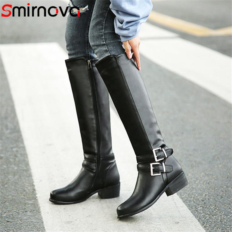 

Smirnova 2020 hot sale big size 47 winter riding boots women round toe buckle zip low heels casual shoes women knee high boots, Black with fur
