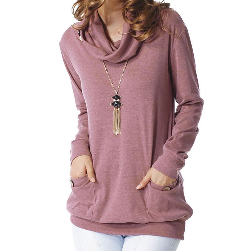 

Pullover Women Long Sleeve Button Pockets Shirts Turtleneck Solid Female Blouses Polyester Blouse Plus Size Tops XXL, Blue s1076