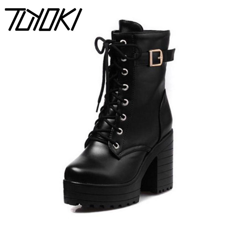 

Tuyoki Size 34-43 Women New Fashion Boots Spring Autumn Thick High Heels Women Shoes Buckle British Style Lace-Up Short Boots, Black
