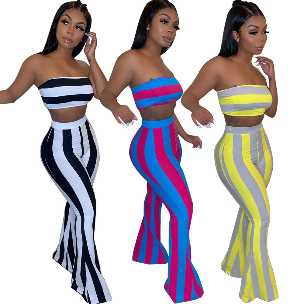 

Summer Women Two Piece Outfits Sexy Club Clothing Striped Crop Top Flare Pants Birthday Matching Suit 2 Piece Set 825, Mix color or remarks