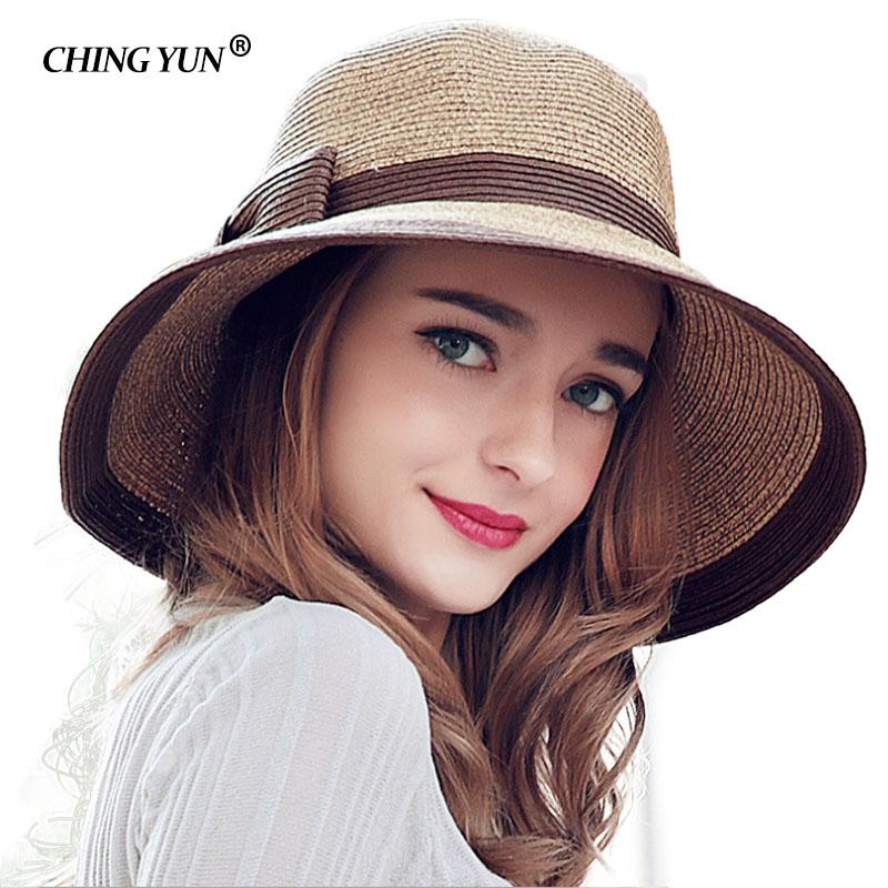 

Wide Brim Hats Women's Sun Hat Big Bow Floppy Summer For Beach Panama Straw Bucket Protection Visor Femme Cap Weave Foldable, Beige