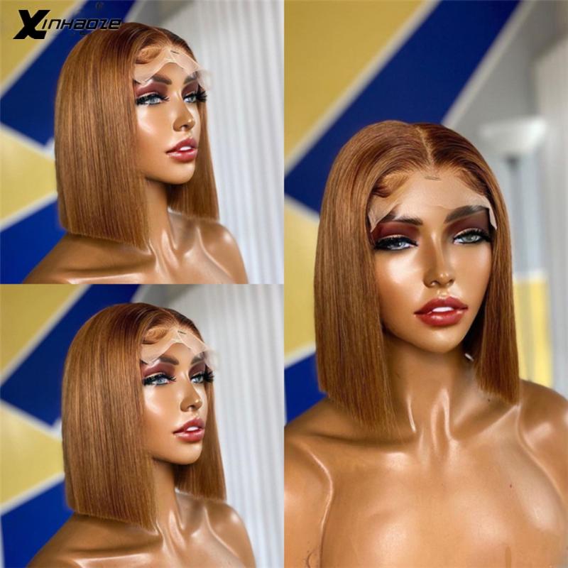

Color #30 Color Peruvian Straight 13x6x1 Bob Lace Front Wigs Glueless T Part Human Hair Wigs 150% 180% Density Short Bob Wig, Black;brown