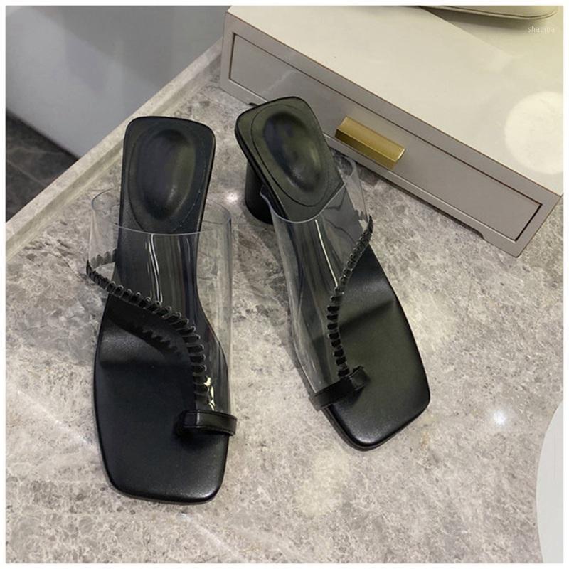 

New 2020 Slippers Ladies Transparent PVC Sexy Summer Slides Shoes Med Heel Flip Flops Female Beach Slipper1, Black