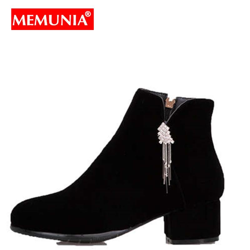 

MEMUNIA Plus size 34-47 New women boots square high heels tassel autumn winter boots black flock shoes woman ankle, Black1 short pusl
