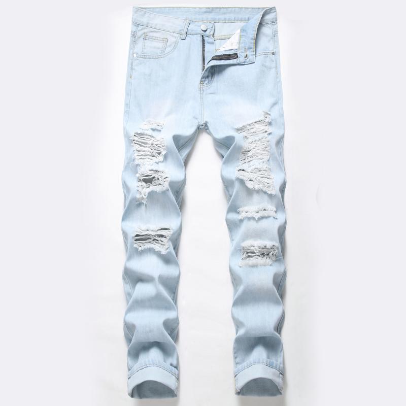 

Ripped Jeans Men Straight Slim Hole Denim Full Length Washed Solid Color Casual Trousers Male Fashion England Style, Sky blue