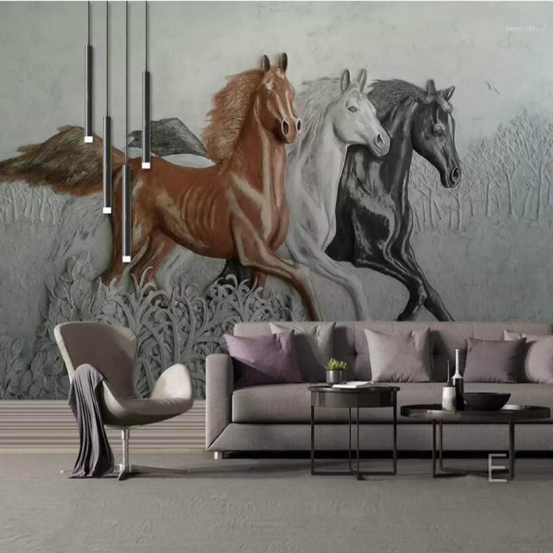 

European 3D embossed horse Mural Wallpaper for TV Backdrop Painting Living Room Bedroom Modern Simple Wallpapers 3D1, Embossment paper