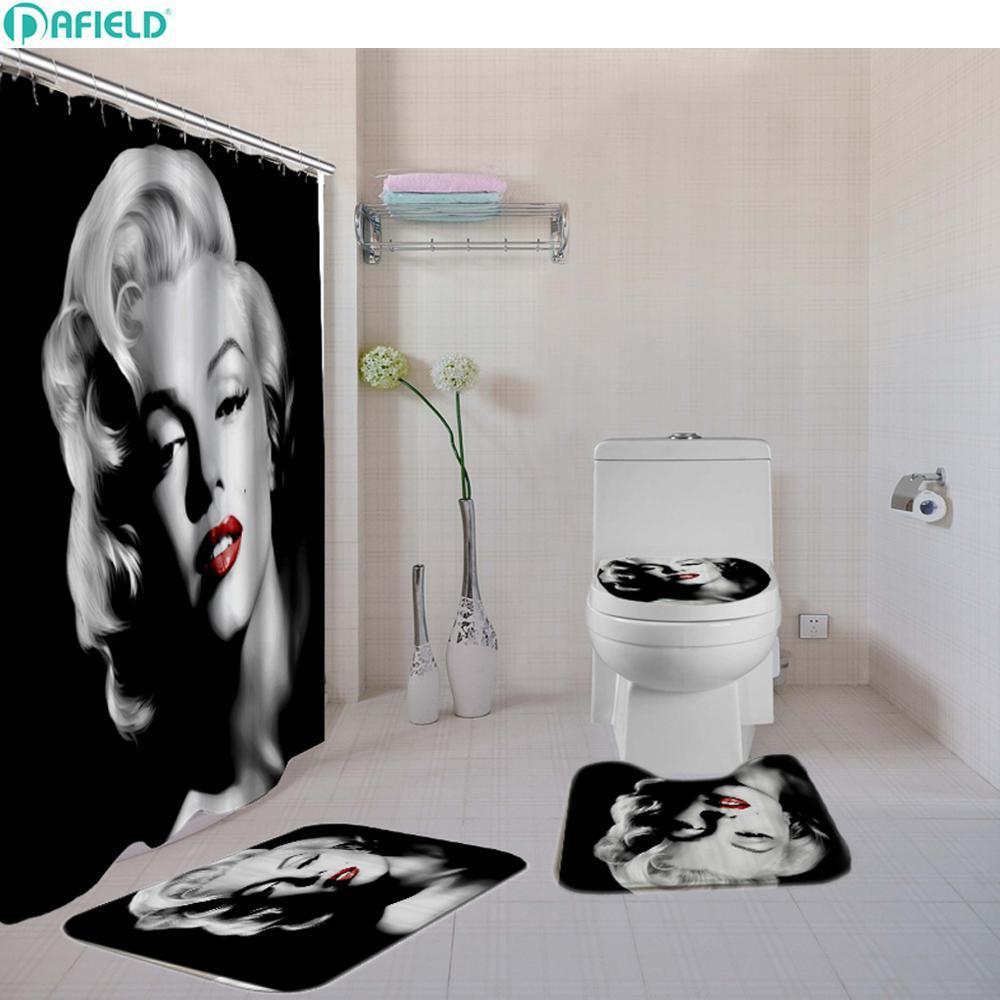 

4 Pcs/Set Sexy Women Bathroom Shower Curtain Set Toilet Cover Bath Mat Set Fabric Shower Curtains Bath Rug Set Hooks White/Black 201102