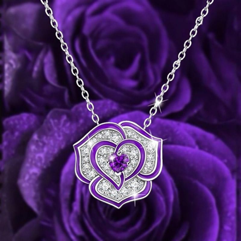 

2020 Statement Red Rose Pendant Necklaces Women Jewelry Crystal Purple Red Flower Rose and Heart Chain Necklace