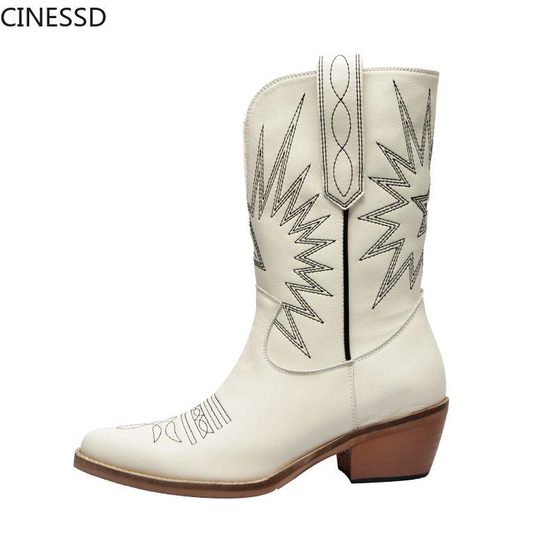 

CINESSD Women Western Boots Autumn Winter Square Heel Slip On Solid Color Boots Pointed Toe Motorcycle for Female, Black