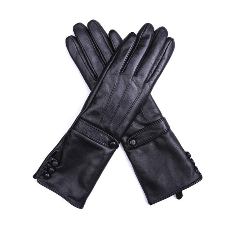 

women new mid length three buttons style real sheep leather black gloves